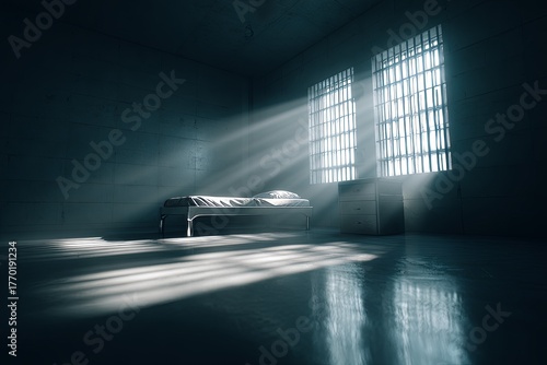Stark interior of a dim, solitary confinement room illuminated by intense daylight rays through barred windows