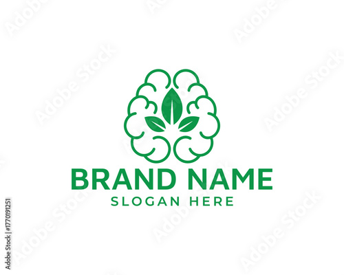 Green brain outline with leaves, representing natural intelligence and ecofriendly ideas, isolated on white background