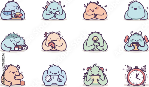 lazy monster moments funny cartoon icon set