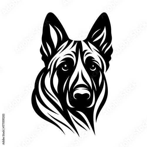 Vector illustration of belgian malinois dog in black strokes and lines style. Diversity of breeds, pet and friend for human. Vet clinic professional services, grooming salon and dog food decoration