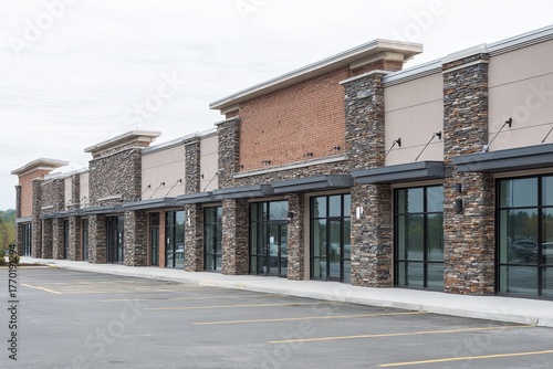 Row of newly constructed commercial storefronts features mixed facade materials and empty parking lot