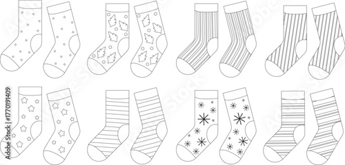 Set of colored pairs of socks with different patterns adult coloring page. Foot apparel collection. Cotton and wool accessory for feet. Zentangle pattern coloring page