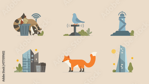 urban wildlife adaptation icon set
