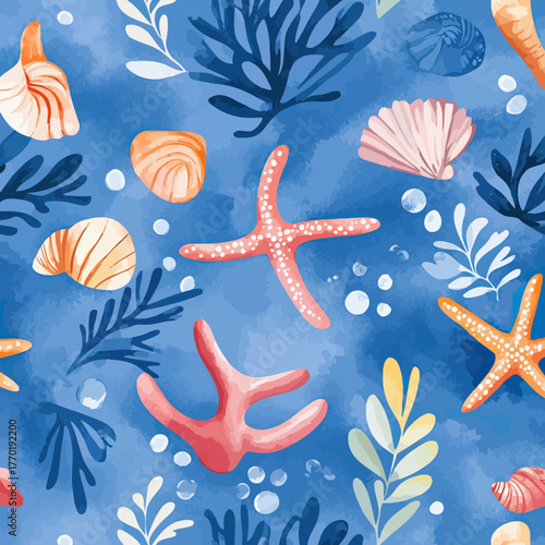 Seamless marine pattern with starfish seashells coral underwater plants and bubbles on textured blue watercolor background for textile and wallpaper design