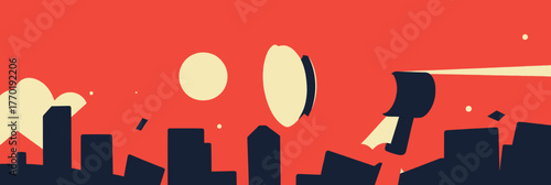 Flat minimalist city skyline at sunset with large megaphone announcing business marketing promotion concept vector illustration