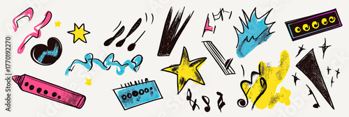 Hand drawn colorful rock punk music doodle set with lightning, stars, hearts, crayon brush strokes, music notes, and abstract tattoo style elements in flat minimalist vector style