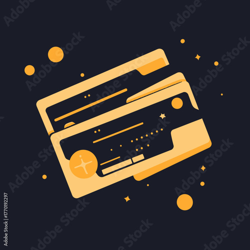 Flat minimalist vector illustration of credit cards or bank cards with dark background and golden accents representing financial transactions and digital payments concept