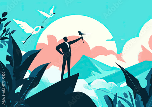 Silhouette businessman standing on cliff holding wind turbine model with birds flying over mountainous landscape under bright sky vector illustration