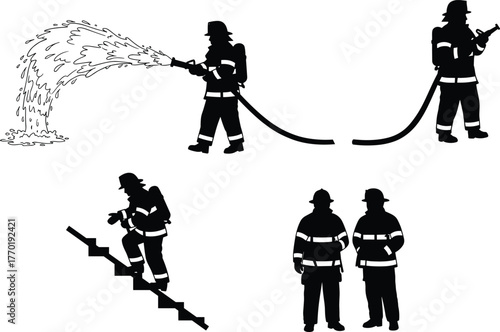 Firefighter silhouettes, fireman with hose, emergency rescue illustration, safety worker vector, firefighting action pose, fire rescue team design