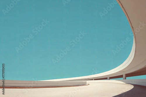 Minimalist view of curving white architectural structure against bright blue sky