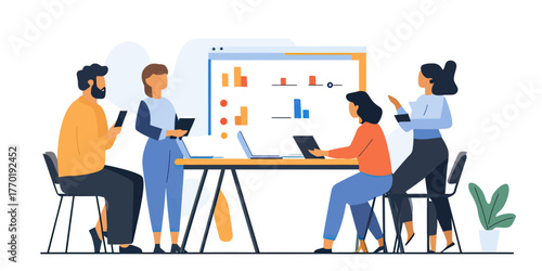 Business team meeting presenting project data analyzing charts and graphs flat vector illustration of diverse coworkers brainstorming discussion in office room with laptop and smartphone