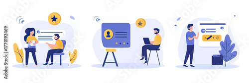 Customer support feedback customer service rating five stars positive review communication helpdesk concept flat vector illustration set with people characters