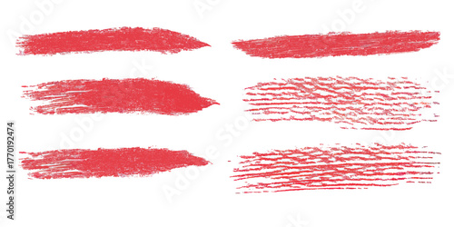 Set of six red crayon brush stroke textures with rough, hand drawn edges and chalk style highlights for graphic design accents and underlines