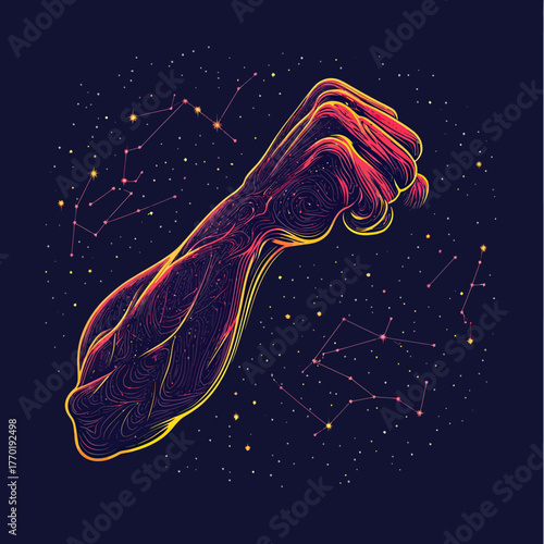 Abstract glowing muscular arm fist with constellation stars and dark cosmic background strength power energy concept vector illustration in minimalist style
