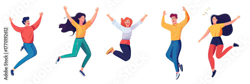 Five diverse cheerful young people jumping in celebration with energetic poses and joyful expressions isolated on white background vector illustration
