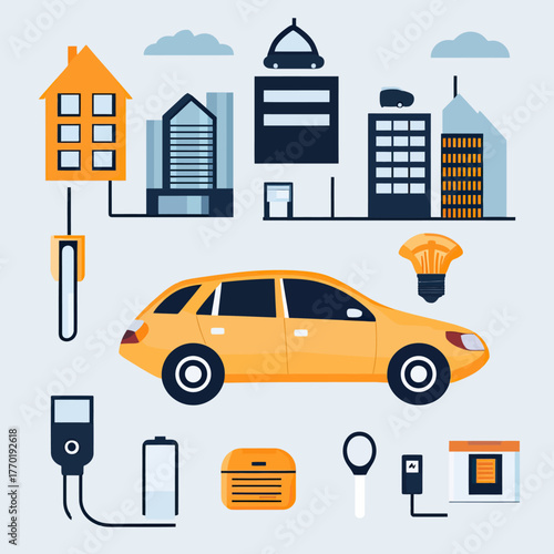 Electric car charging and energy concepts with urban buildings, power plug, battery, lamp, and eco technology flat vector illustration