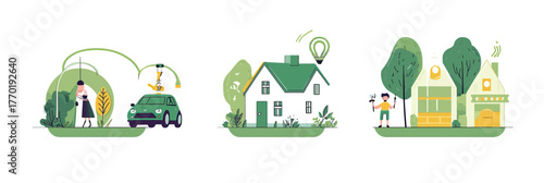 Eco friendly electric car charging renewable energy smart home technology sustainable green living vector illustration set flat design minimalist style