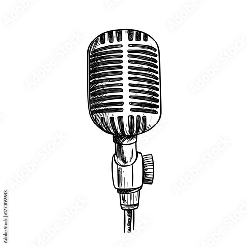 Hand drawn vintage microphone sketch with detailed grille and stand knob isolated on white background black and white line art vector illustration for vocal recording and broadcasting concept