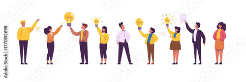 Diverse group of business people holding glowing light bulbs celebrating creative ideas success teamwork concept flat vector illustration