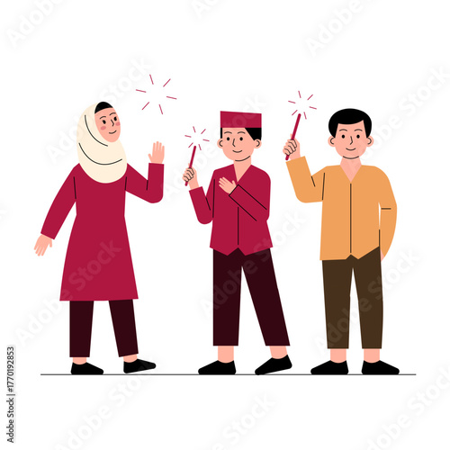 Happy children fireworks illustration joyful kids outdoor celebration night sparkler fun festive party family event