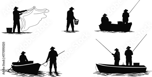 Fishing silhouettes, fisherman casting net, people fishing boat, traditional fishing, recreational fishing, angler silhouette, fishing rod, fishing activity, river fishing, lake fishing