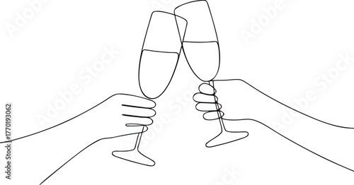 Two hands clinking champagne glasses continuous line drawing