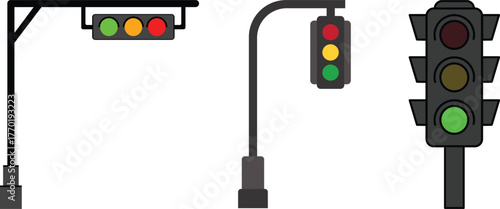 Traffic lights illustrations for any purpose. Isolated object. Green, yellow and red light stoplights.Traffic Light Icon Flat Design on White Background.Set of traffic lights in realistic style.	