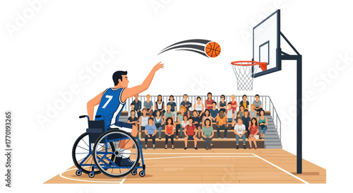 Athlete in Wheelchair Playing Basketball in Front of Crowd Illustration