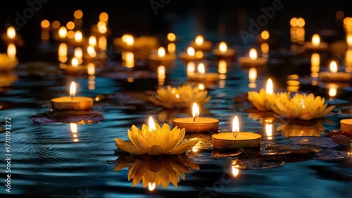 Candles softly glow, lighting up lotus flowers as they drift on the evening water