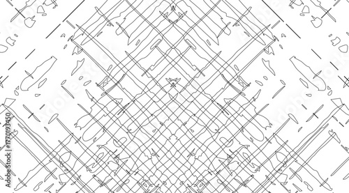 Abstract black and white background features a symmetrical pattern of intersecting lines, creating a visually striking geometric design with an intricate and modern feel