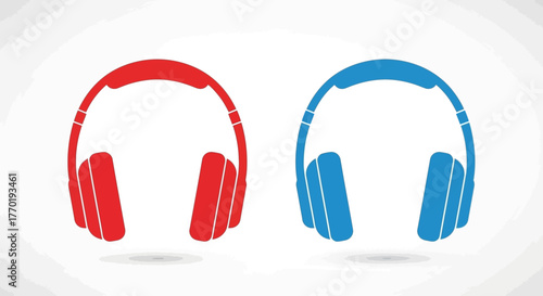 A pair of red and blue headphones icons isolated on a white background. Vector illustration of stereo headsets for music and audio