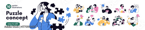 Mental health, psychology problem concept. Assembling puzzle pieces of mind, memory. Missing jigsaw fragment of yourself, self losing and finding. Flat vector illustration isolated on white background
