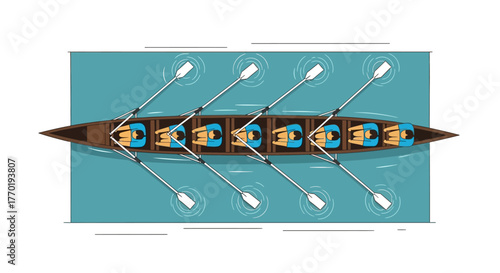 Top view illustration of a rowing team in a long boat with oars extended