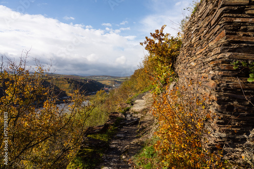 Rheinsteig bei Kaub mit alten Hangmauern (Trockenmauern), Oktober 2025