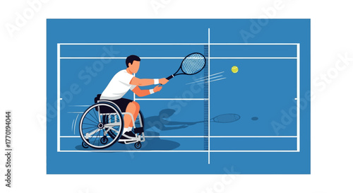 Dynamic vector illustration of a determined athlete in a wheelchair playing tennis, hitting a powerful forehand shot during a match