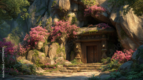 Discovering ancient ruins covered in vibrant spring flowers in an enchanted forest at dawn with soft sunlight filtering through the trees