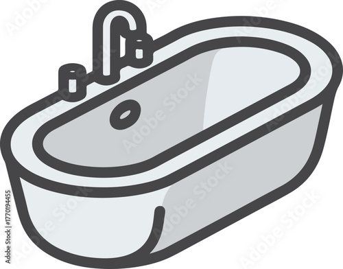 Bathtub vector icon with faucet and drain for bathroom design and personal hygiene concepts
