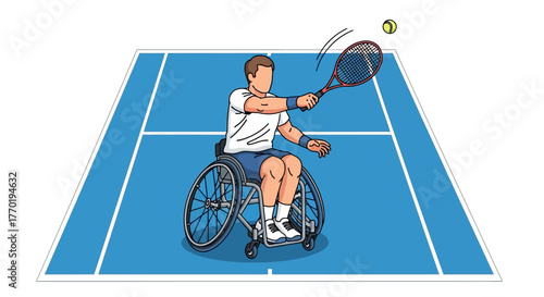 Paralympic athlete in wheelchair playing tennis on a blue court with racket and ball
