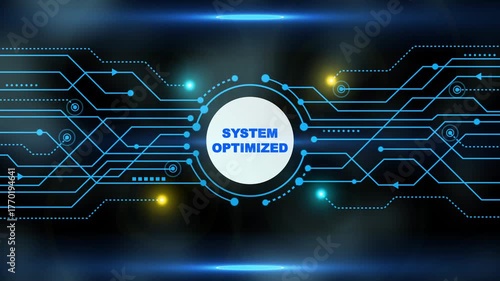 Futuristic digital network system optimized data flow glowing blue lines connecting nodes on dark background abstract technology concept