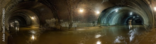 Flooded underground tunnel with arched construction and illuminated depths.