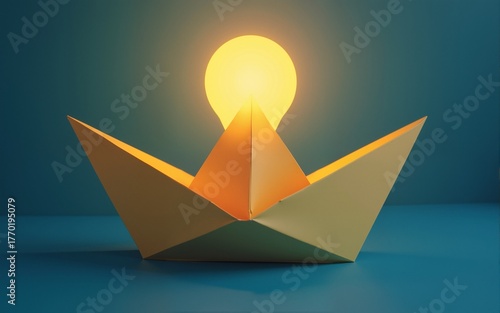 Paper made origami boat sailing towards a light bulb. High quality