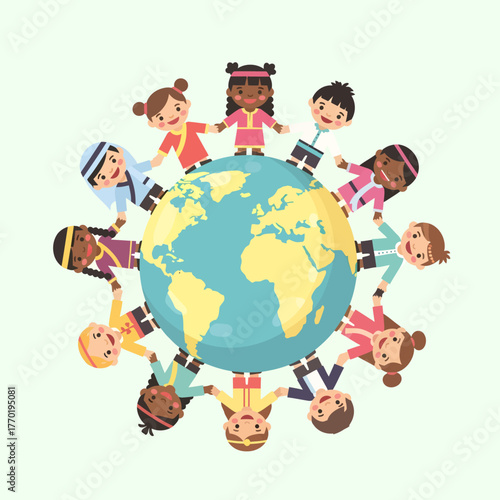 A diverse group of multicultural children holding hands in unity around planet Earth.