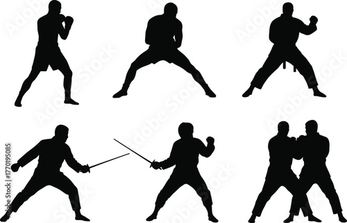 Martial arts silhouettes, boxing, karate, kendo sword fighting, self-defense, sparring poses, combat sports vector, fighter training illustration