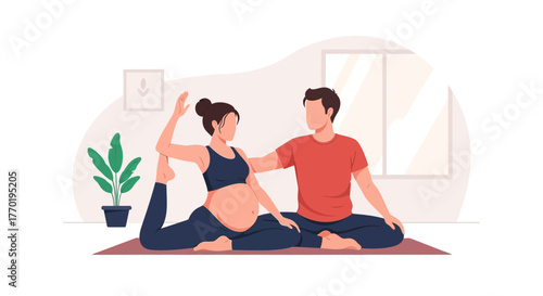 Pregnant woman gracefully does yoga as her partner supports, nurturing wellness together during pregnancy in a peaceful home setting for calm