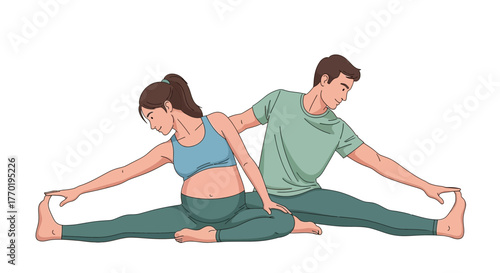 Husband supports pregnant wife with prenatal yoga poses, demonstrating health and wellness in a loving partnership, fitness and flexibility for expecting mothers