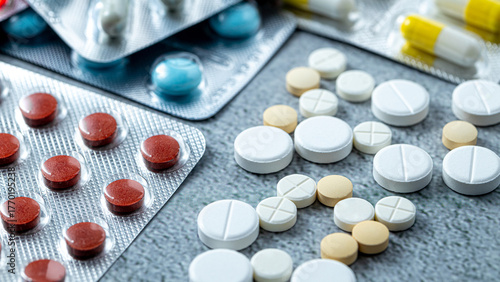 Variety of medicines and drugs.Medicine and healthcare concept.Variety of medicines and drugs.Medicine and healthcare concept.Pill for the prescription and treatment various diseases chemistry