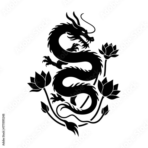 Lotus blossoms and dragon vector illustration elegant silhouette graphic Oriental art decorative motif