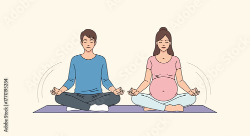 Serene pregnant couple meditating together for wellness and calm, promoting relaxation and mindfulness through yoga on a mat, fostering health and serenity