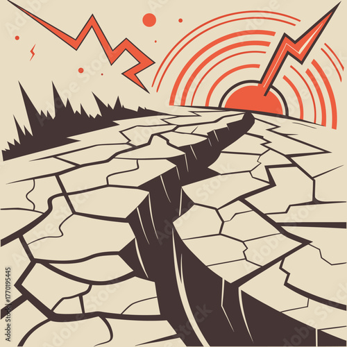 Art Deco volcanic eruption with dark smoke and red lava Cracked earth mountains bare tree stylized sun graphic