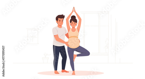 Caring partner helping pregnant woman practice yoga tree pose at home for wellness and balance, prenatal fitness, healthy lifestyle, family support